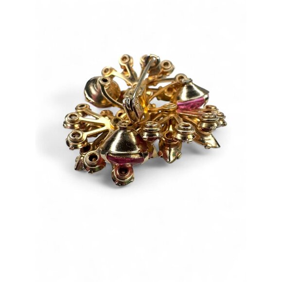 Vintage Flower Brooch Clip On Earrings Set Pink Crystal Faux Pearls - Picture 13 of 15